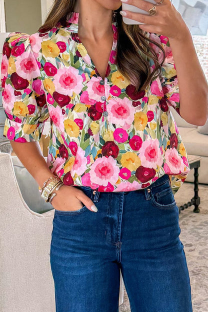 Pink Floral V Neck Puff Sleeve Blouse