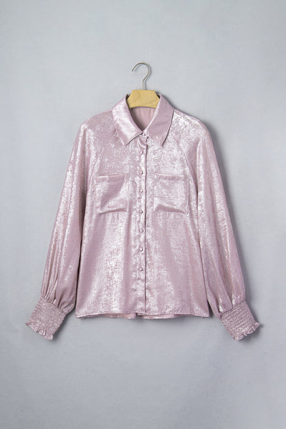 Delicacy Metallic Button Down Satin Blouse with Smocked Cuffs