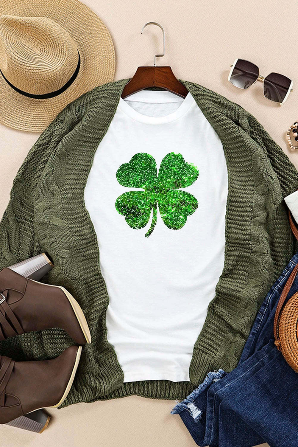 White Sequin Clover Graphic Tee for St Patrick’s Day