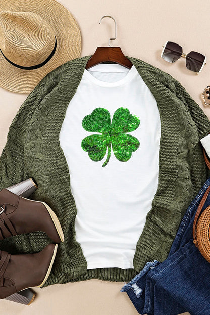 White Sequin Clover Graphic Tee for St Patrick’s Day