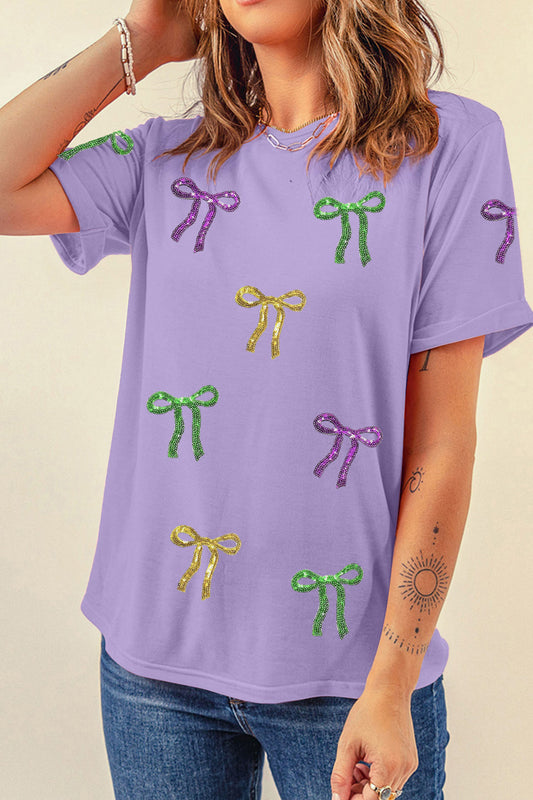 Mardi Gras Wisteria Sequin Bow Graphic Crewneck Tee