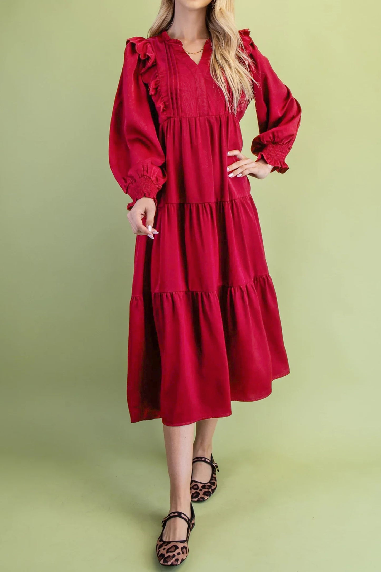 Red Ruffle V-Neck Long Sleeve Tiered Midi Dress