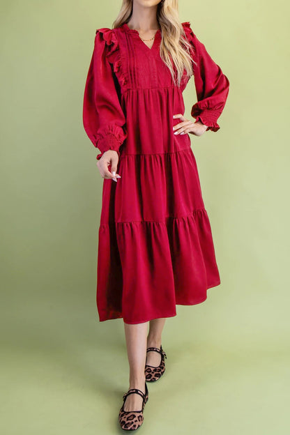 Red Ruffle V-Neck Long Sleeve Tiered Midi Dress