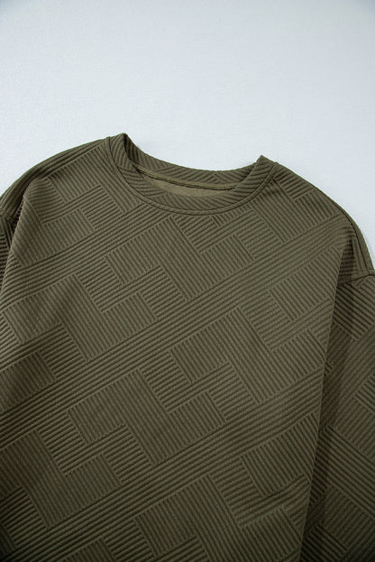 Jungle Green Solid Color Textured Round Neck Drop Shoulder Pullover Sweatshirt