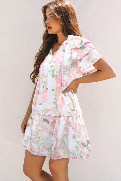 Sky Blue Floral Ruffle Sleeve Tie Neck Mini Dress