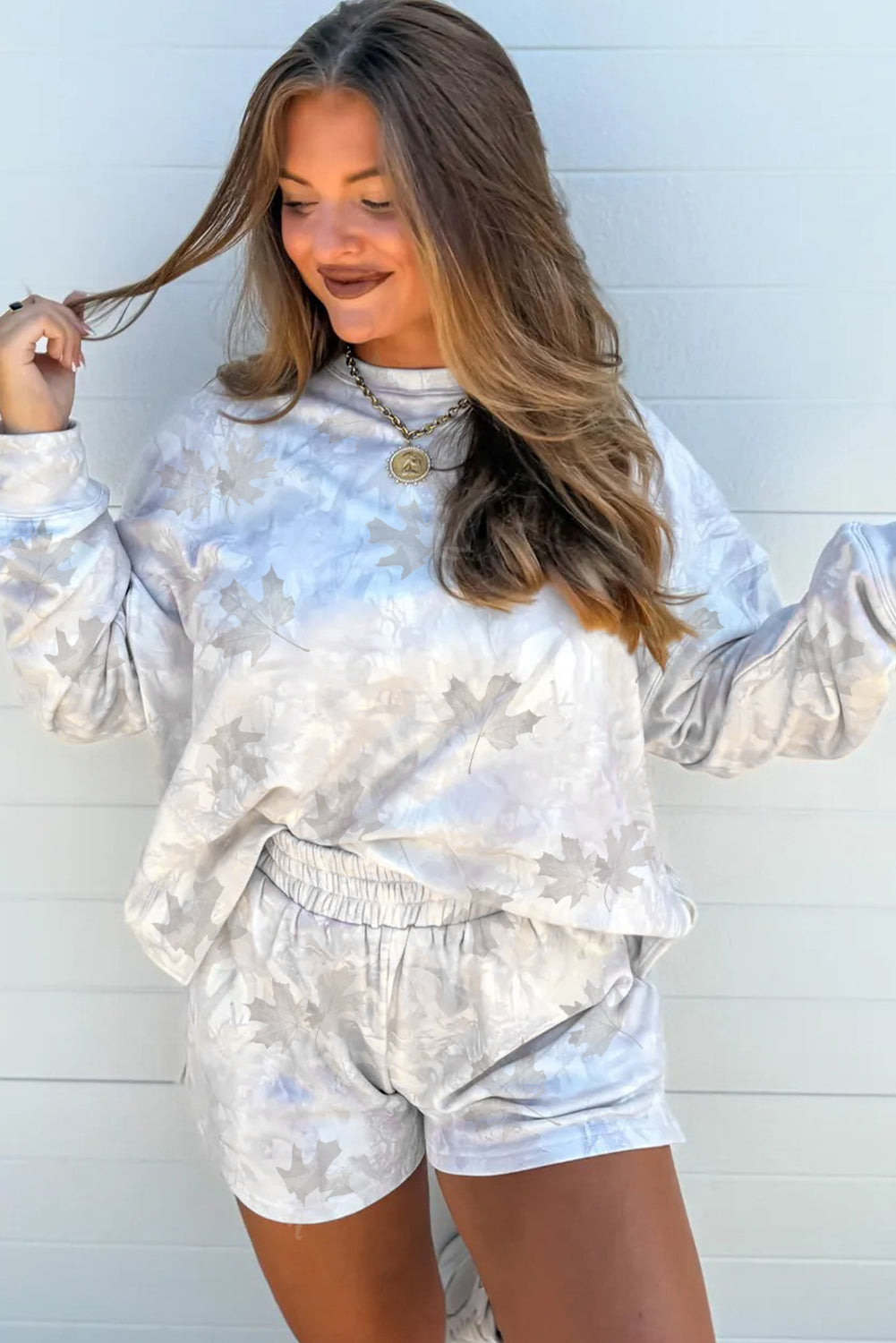 Beige Camo Print Lounge Pullover and Elastic Waist Short Set