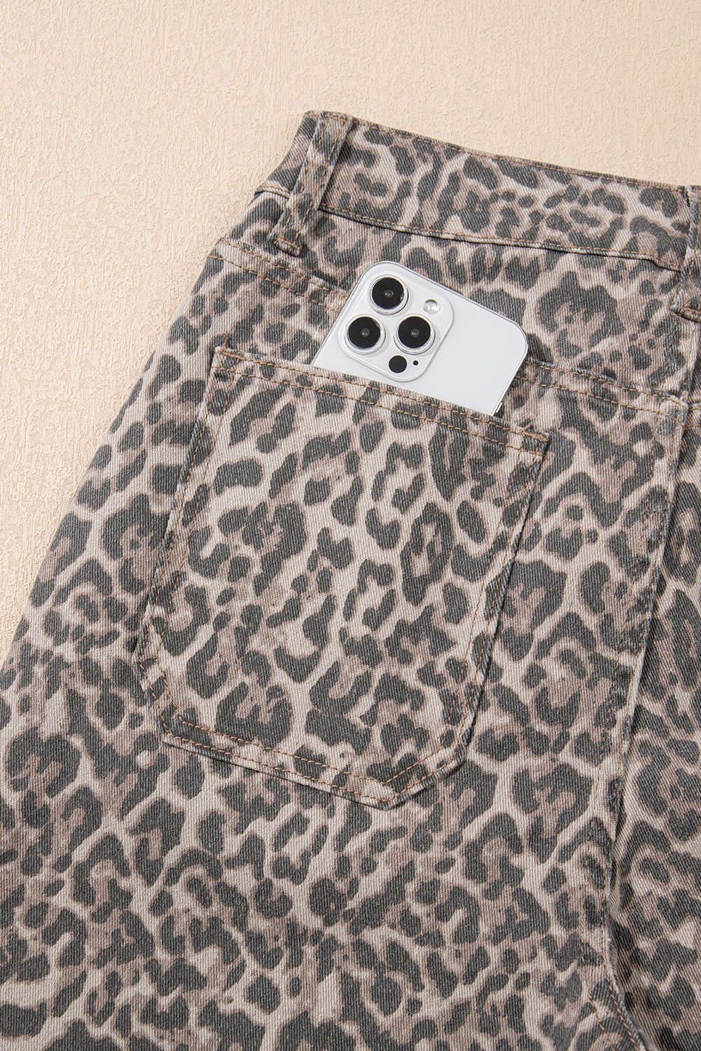 Brown Leopard Frayed Edge Wide Leg High Waist Jeans