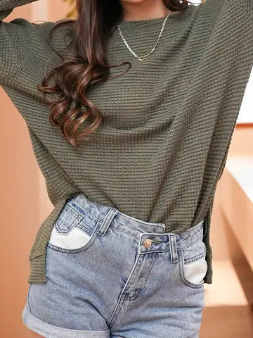 Green Waffle Knit Oversized Top with Side Slits for Women