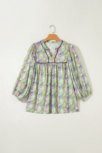 Green Boho Paisley Split Neck Puff Sleeve Blouse