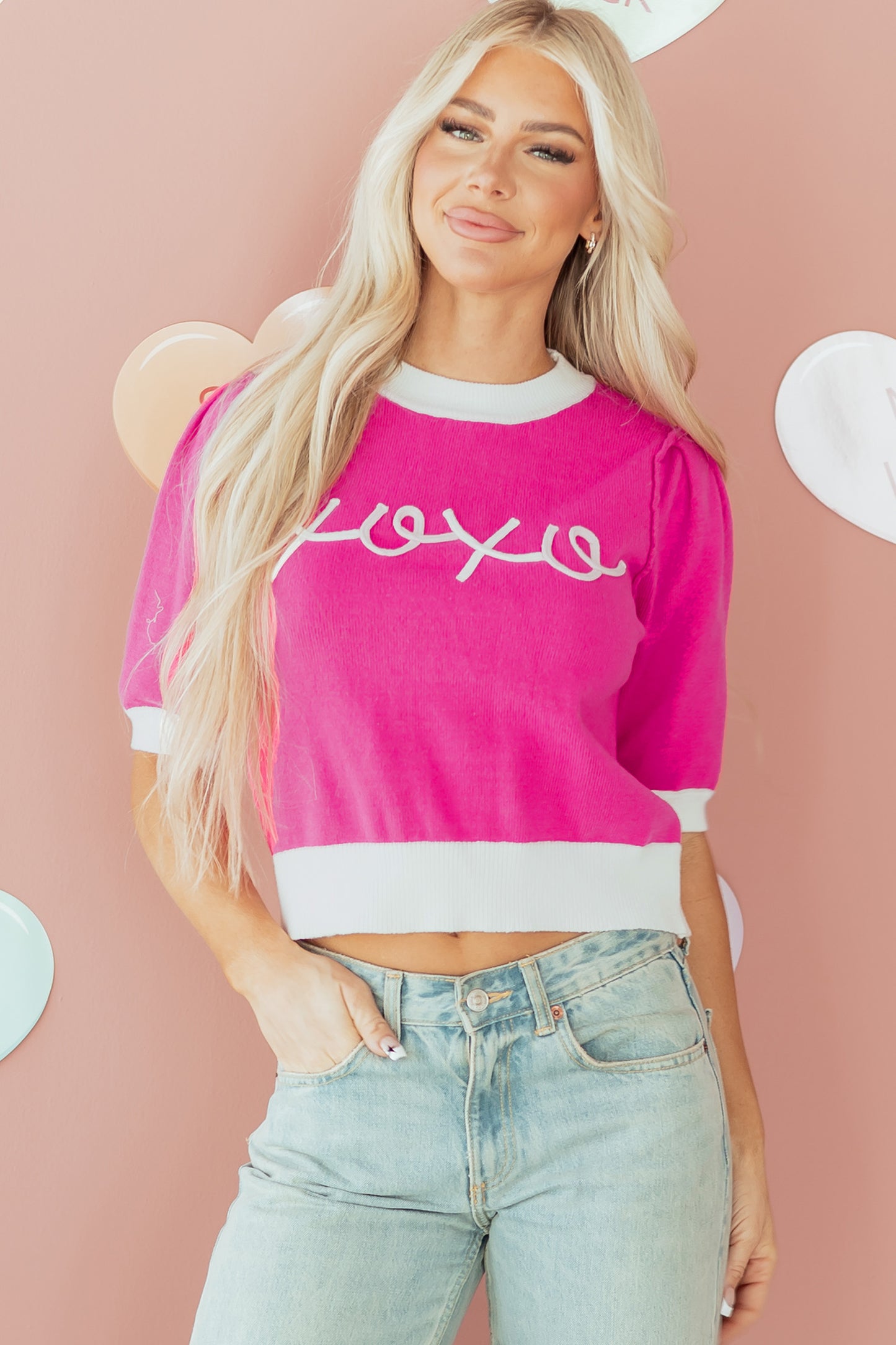 Bright Pink XOXO Puff Sleeve Contrast Knit Valentine Sweater Top