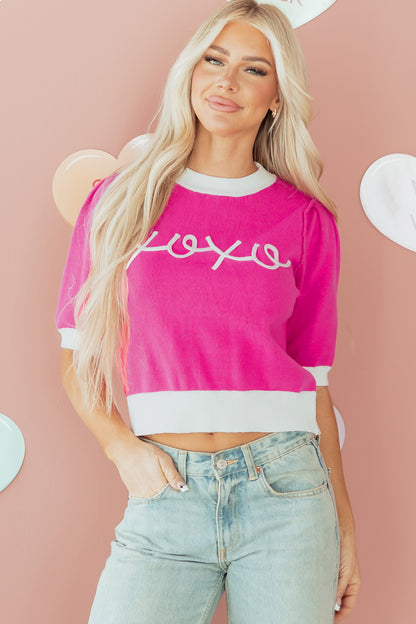 Bright Pink XOXO Puff Sleeve Contrast Knit Valentine Sweater Top