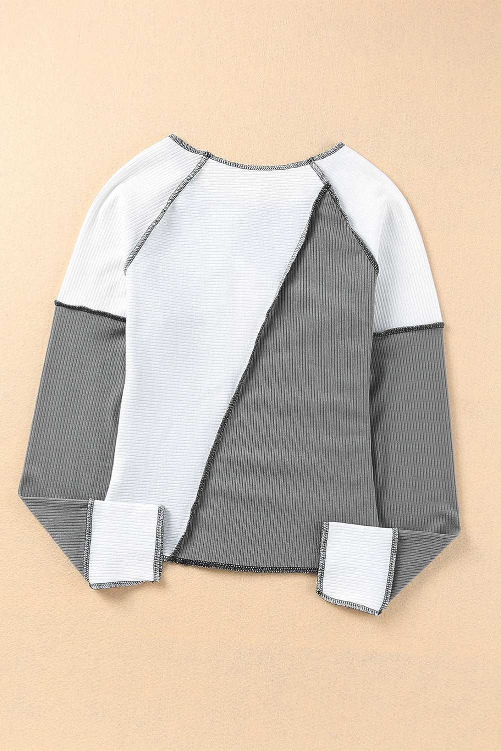 Irregular Color Block Rib Knit Long Sleeve Top