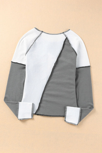 Irregular Color Block Rib Knit Long Sleeve Top