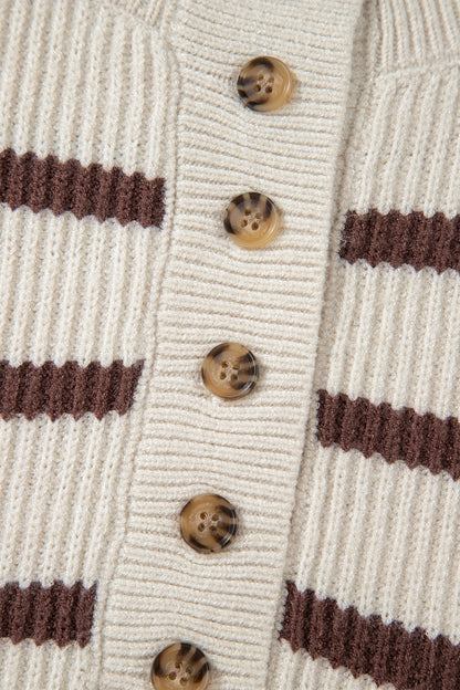 Striped Ribbed Henley Sweater Drop Shoulder Pullover