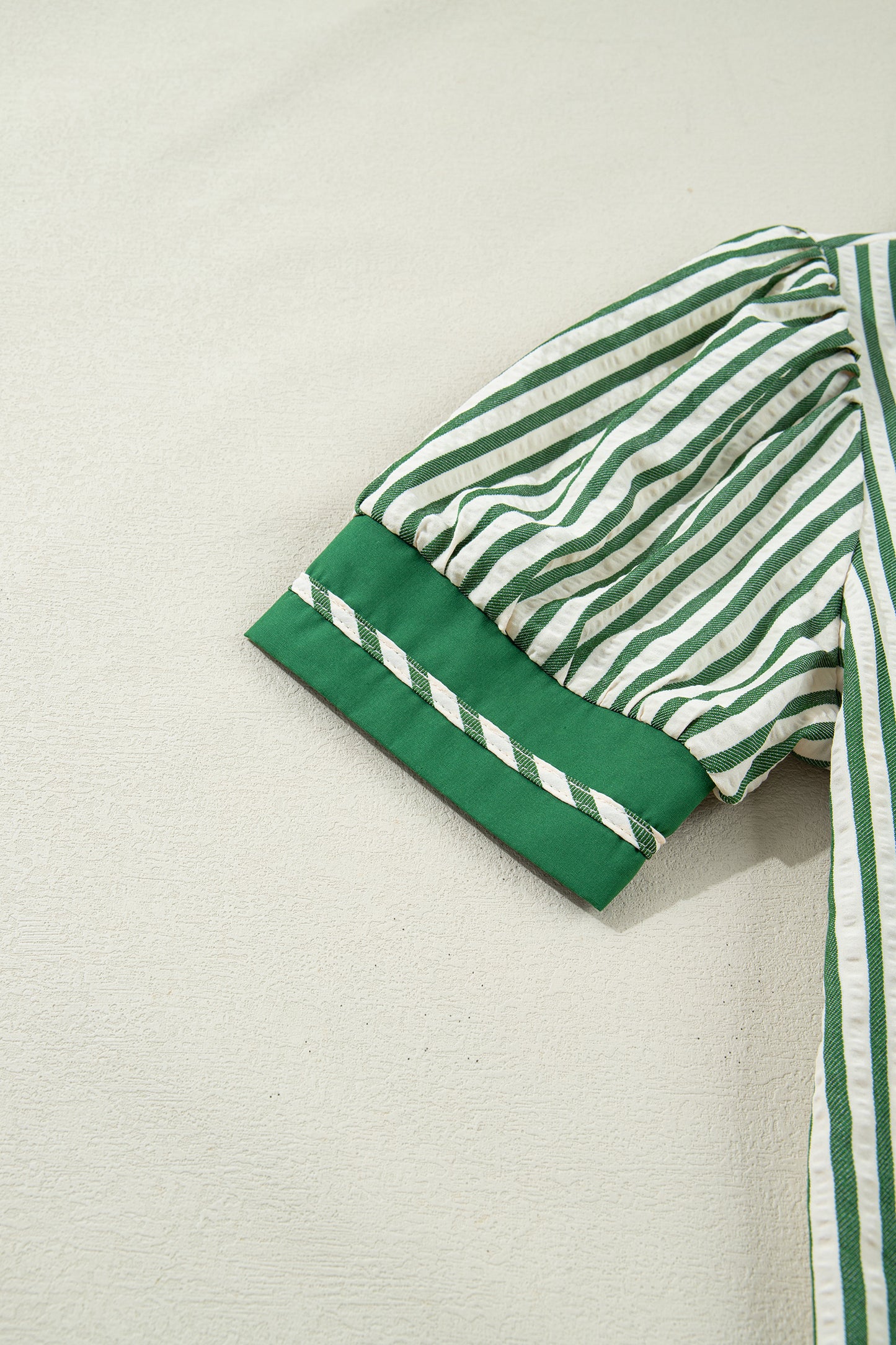 Khaki Striped Split Neck Puff Sleeve Blouse Top