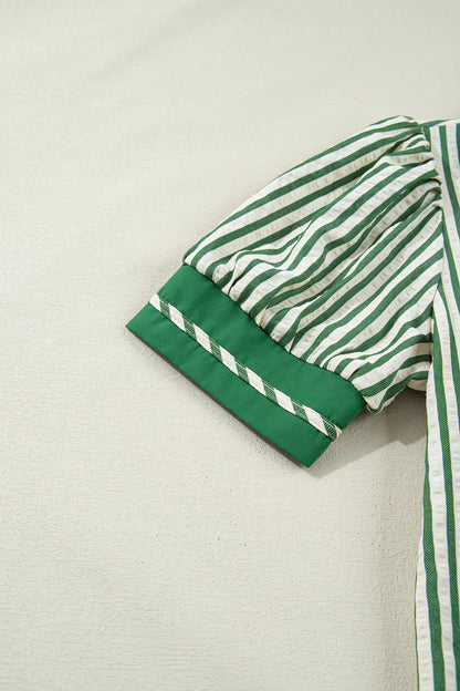 Khaki Striped Split Neck Puff Sleeve Blouse Top