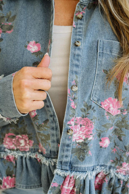 Floral Denim Jacket Ruffle Hem Puff Sleeve Cropped
