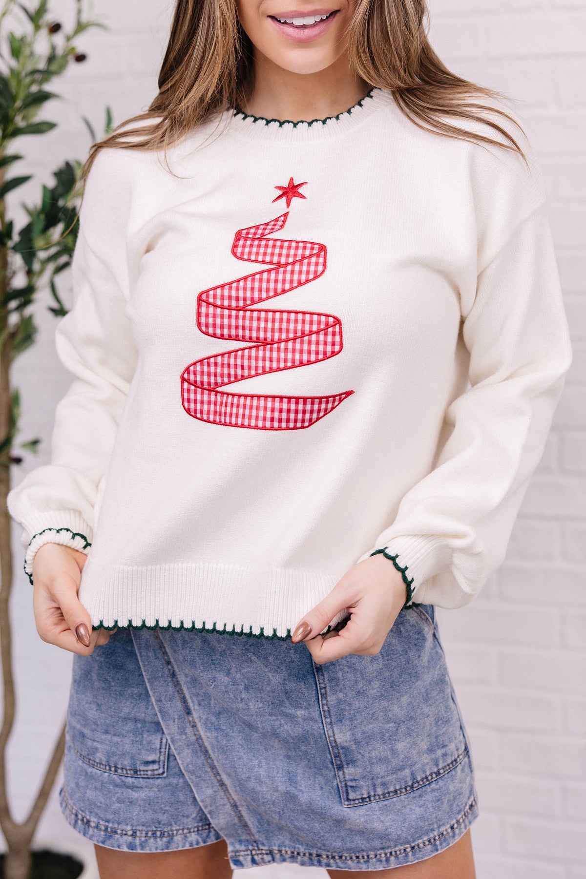 Women's Plaid Ribbon Christmas Tree Knit Sweater