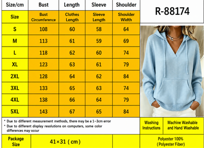 Women’s Knit Hoodie Sweater V Neck Kangaroo Pocket