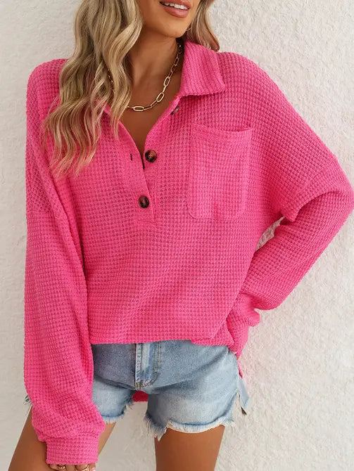 Rose Red Waffle Knit Oversized Henley Long Sleeve Top
