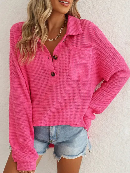 Rose Red Waffle Knit Oversized Henley Long Sleeve Top