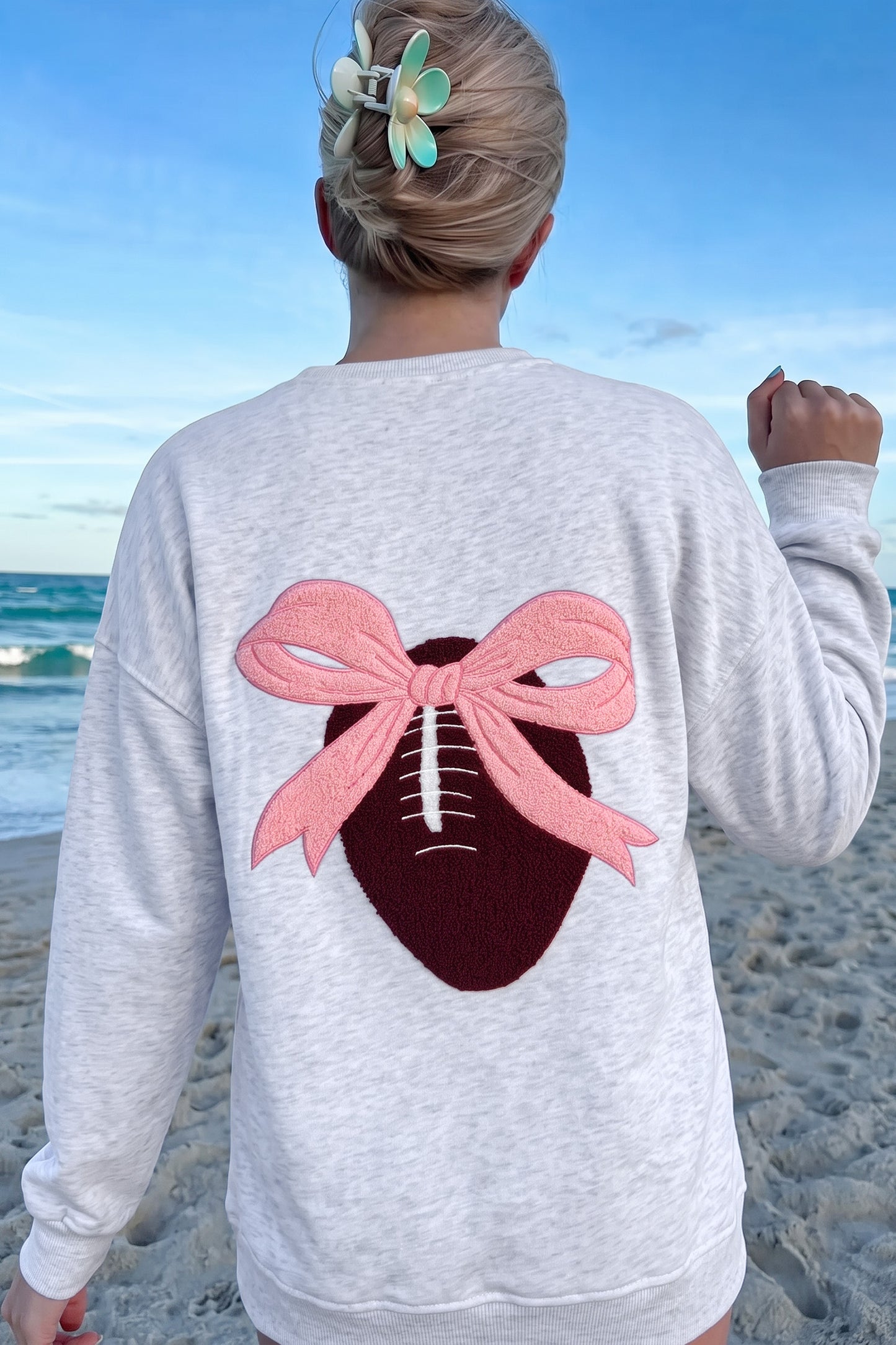 Embroidered Football Bow Back Game Day Sweatshirt