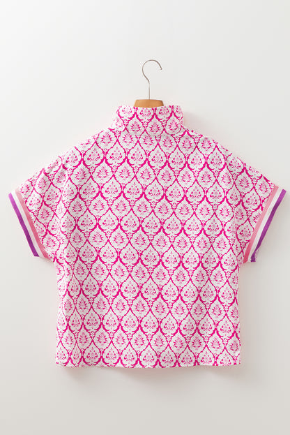 Boho Print Blouse Women Zip Neck Short Sleeve Top