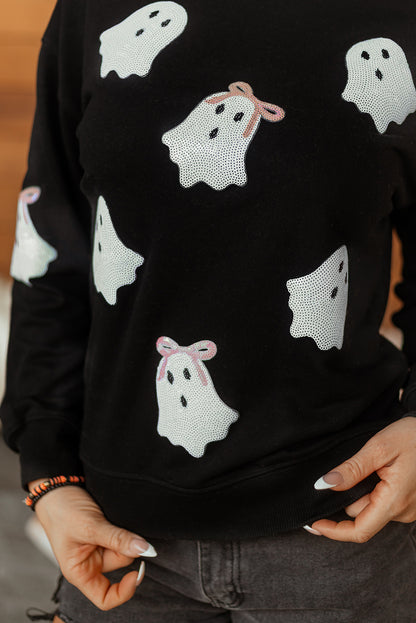 Black Sequin Ghost Bow Halloween Crew Neck Pullover Sweatshirt