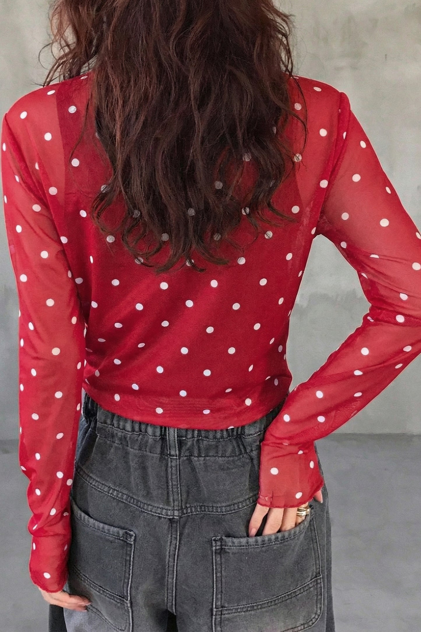Black Polka Dot Mesh Mock Neck Long Sleeve Top