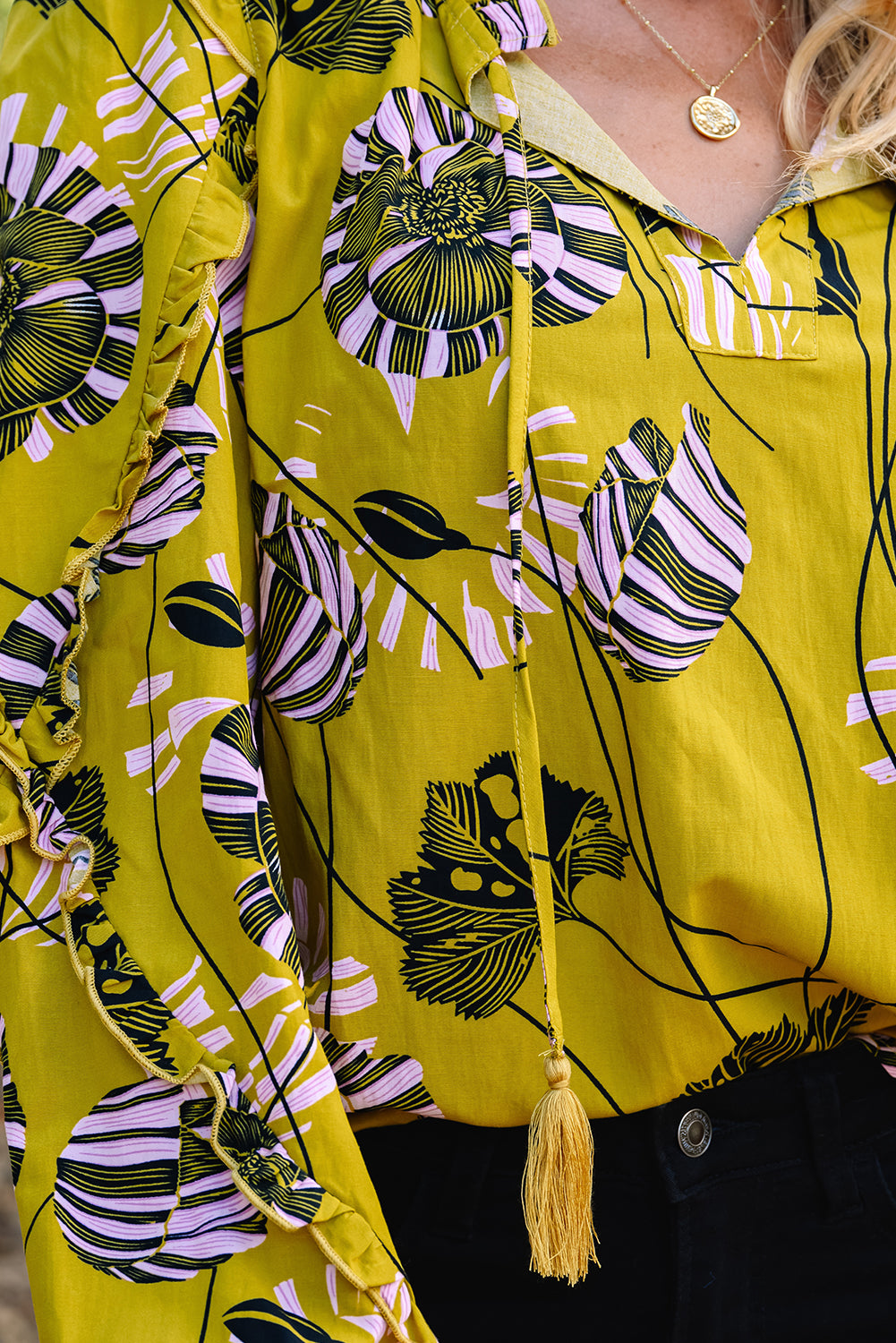 Yellow Vintage Floral V Neck Ruffle Long Sleeve Blouse