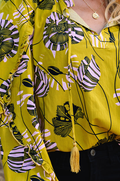 Yellow Vintage Floral V Neck Ruffle Long Sleeve Blouse