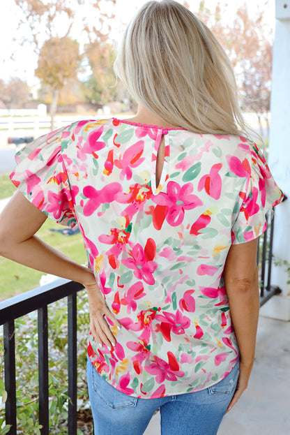 Rose Floral Flutter Sleeve Round Neck Casual Blouse