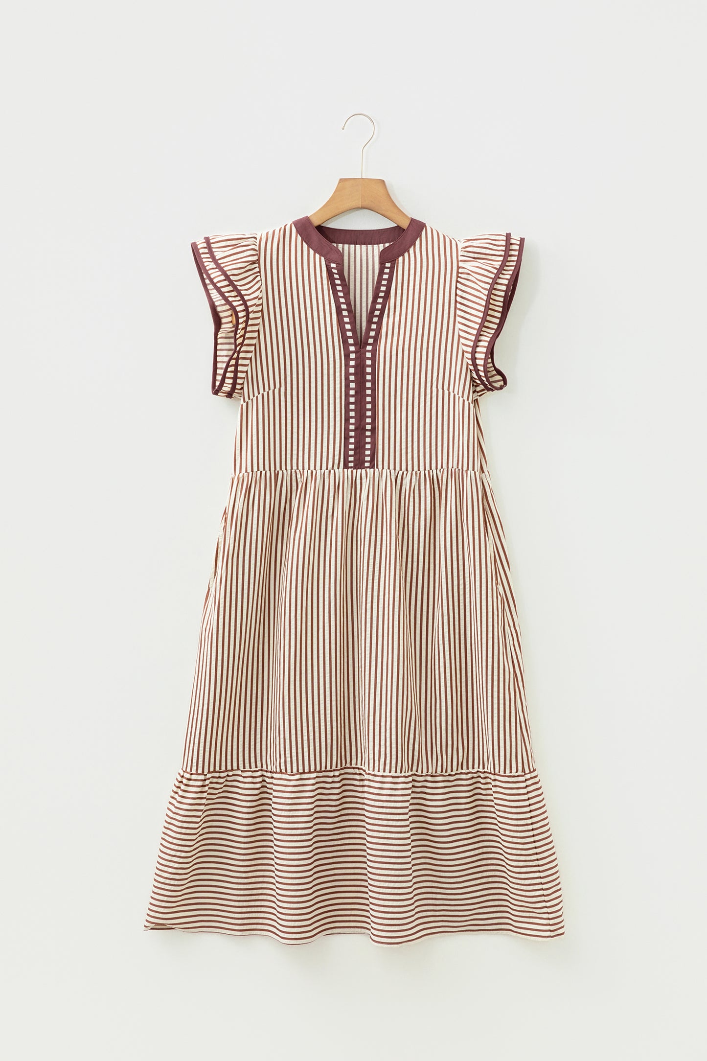 Black Stripe Ruffle Sleeve Contrast Trim V Neck Midi Dress