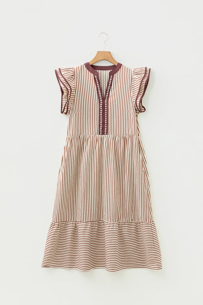 Black Stripe Ruffle Sleeve Contrast Trim V Neck Midi Dress