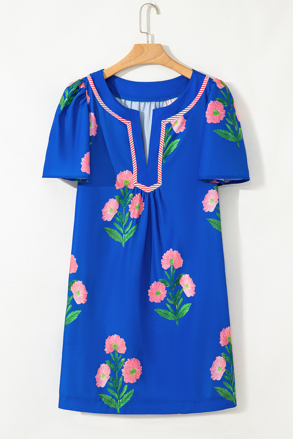 Easter Floral Split Neck Short Sleeve Mini Dress
