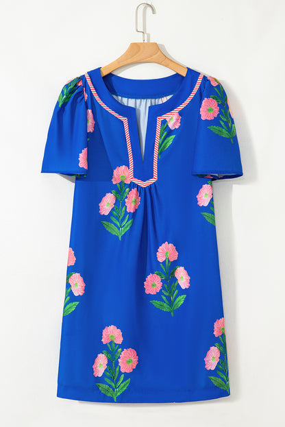 Easter Floral Split Neck Short Sleeve Mini Dress