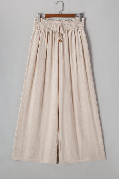 Beige Smocked Waist Wide Leg Flow Pants Plus Size