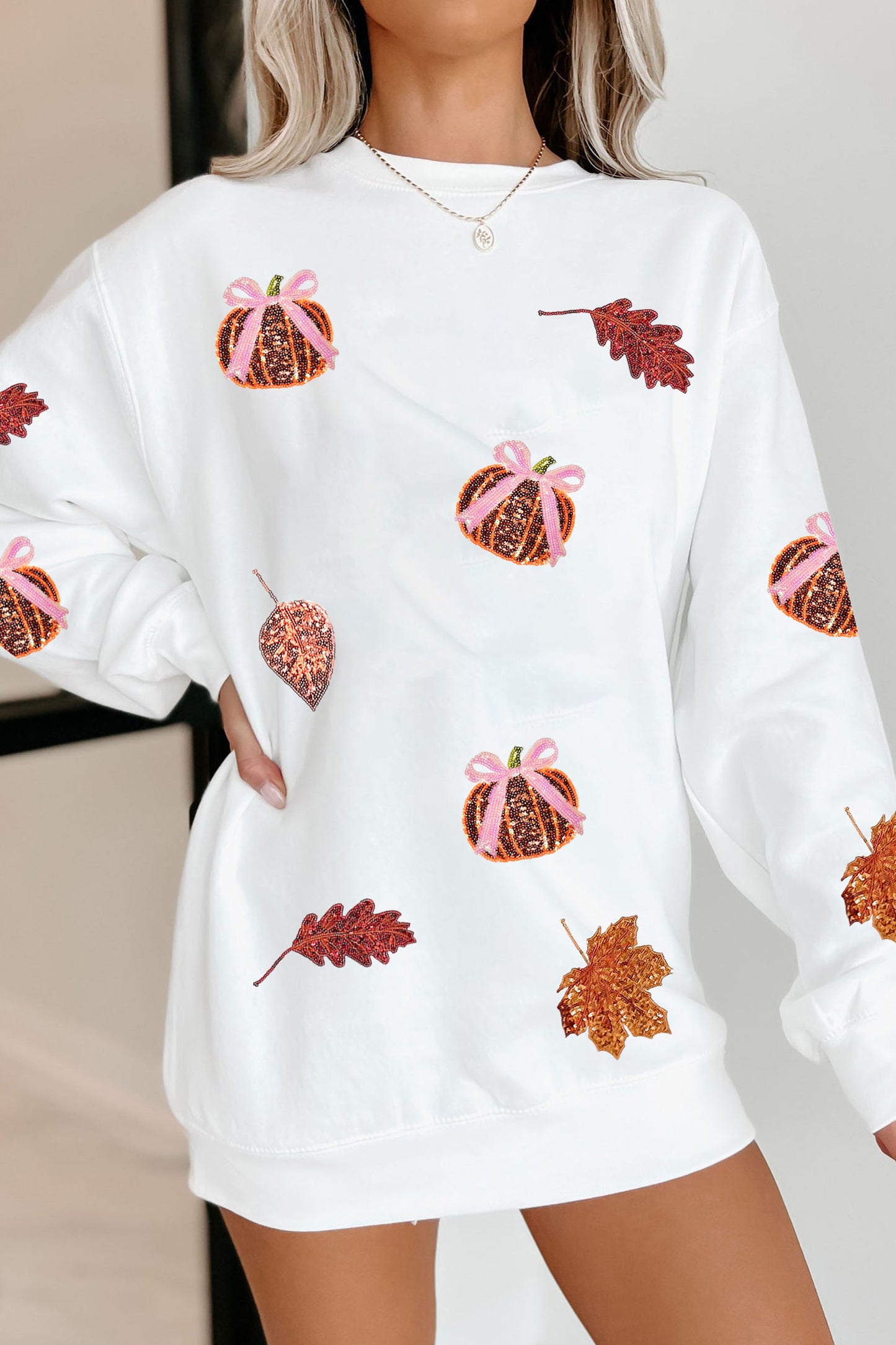 Sequin Pumpkin Leaf Corded Ribbed Oversized Sweatshirt
