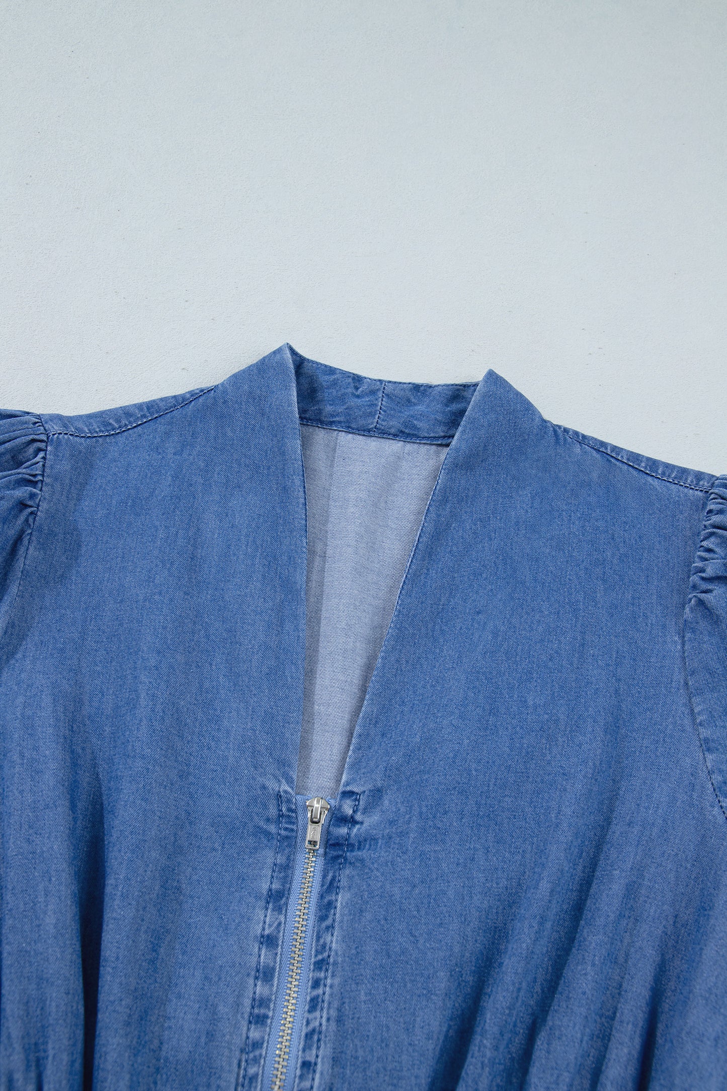 Denim Zip Front Smocked Waist Puff Sleeve Midi Dress