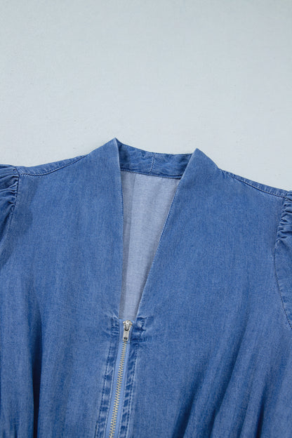 Denim Zip Front Smocked Waist Puff Sleeve Midi Dress