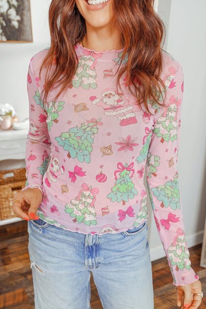Pink Christmas Print Mock Neck Mesh Long Sleeve Top