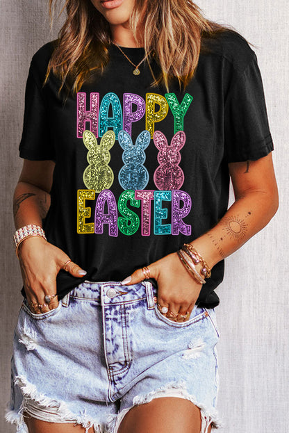 Black Sequin HAPPY EASTER Bunny Graphic Tee
