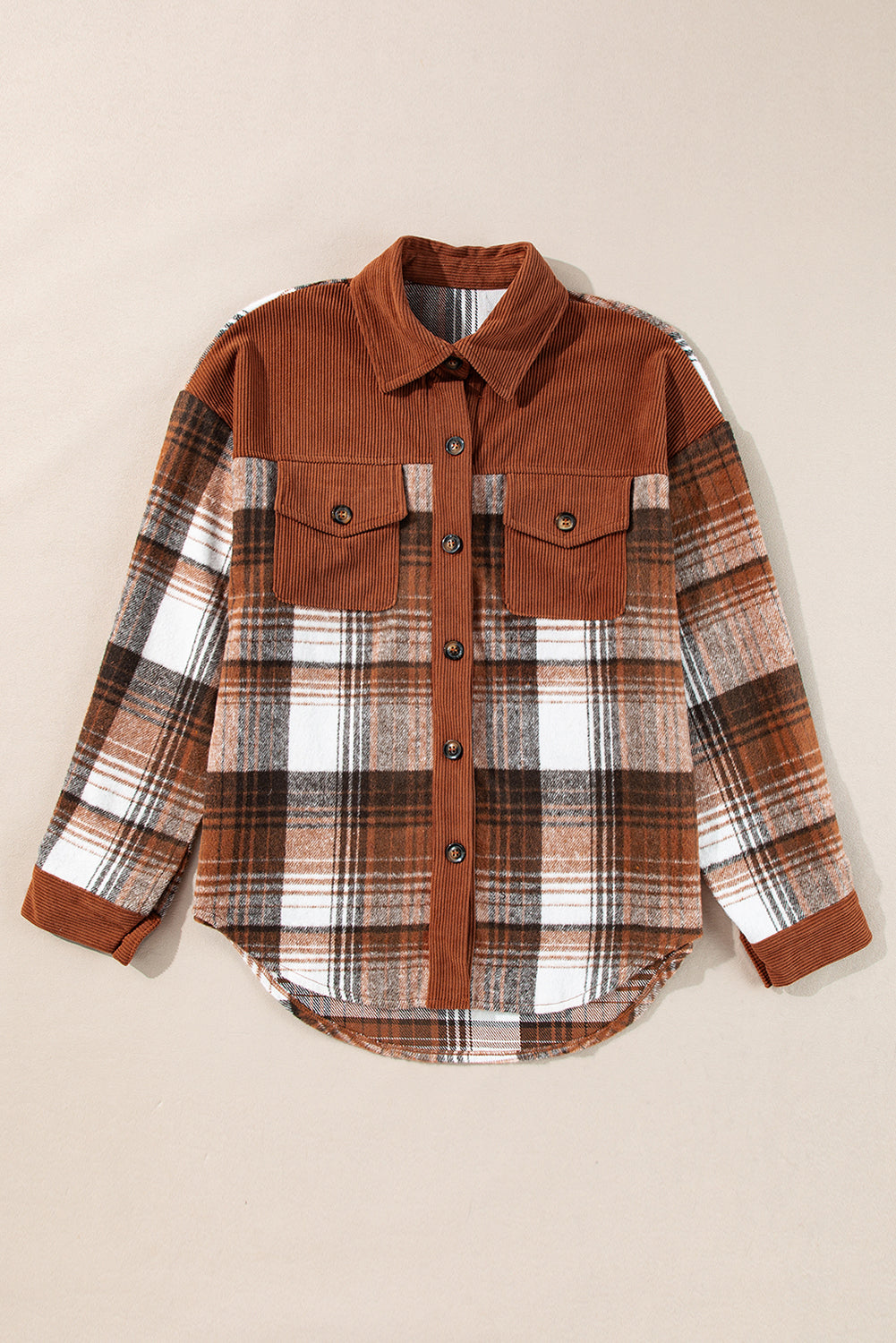 Light Pink Plaid Corduroy Patchwork Pocket Shacket