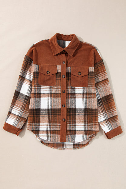Light Pink Plaid Corduroy Patchwork Pocket Shacket