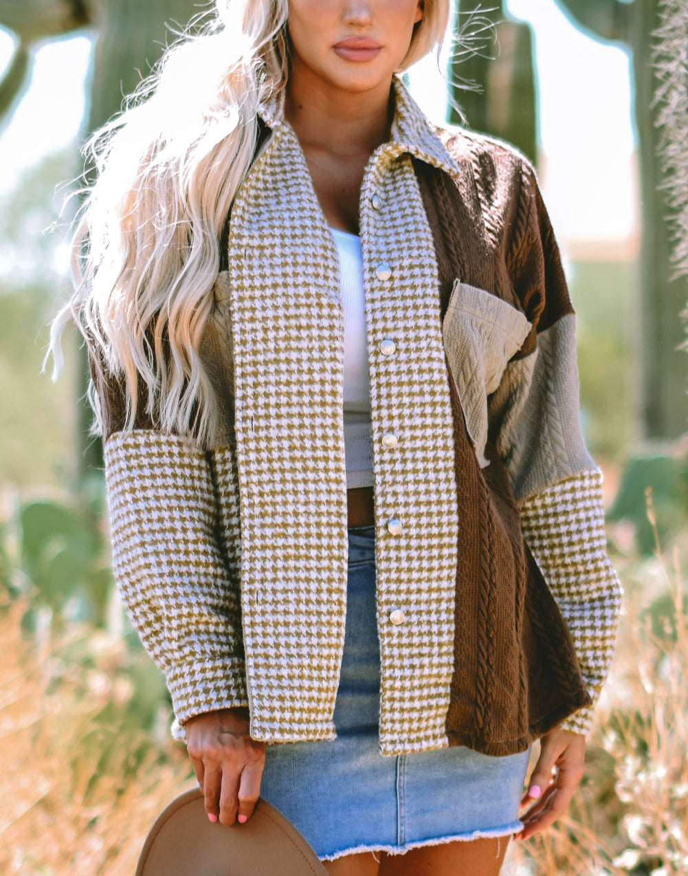 Khaki Houndstooth Color Contrast Textured Patchwork Shacket