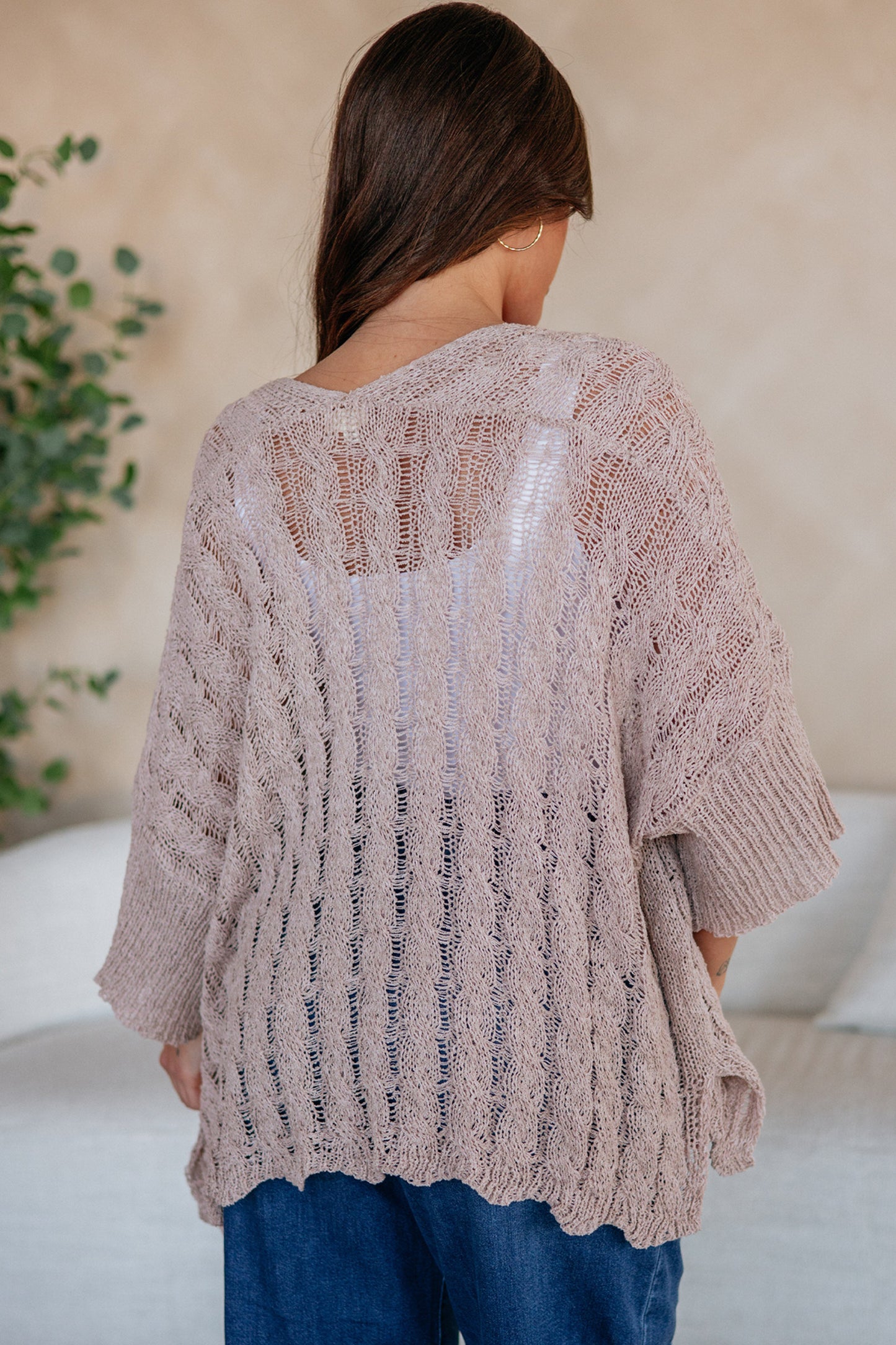 Old Rose Hollow Knit Drop Shoulder Cardigan Sweater