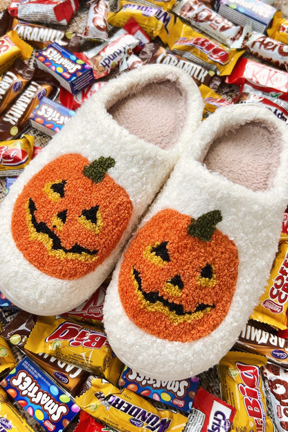 White Halloween Pumpkin Print Plush Slippers (Runs Small, Size Up)