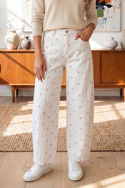 Blue Polka Dot Barrel Jeans High Waist Wide Leg Pants