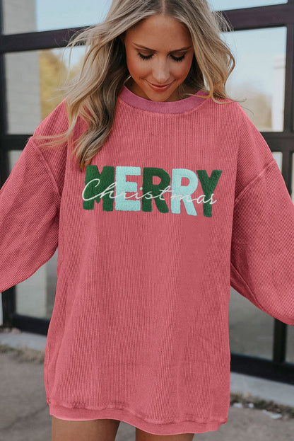 Strawberry Pink Chenille Letter MERRY Christmas Sweatshirt