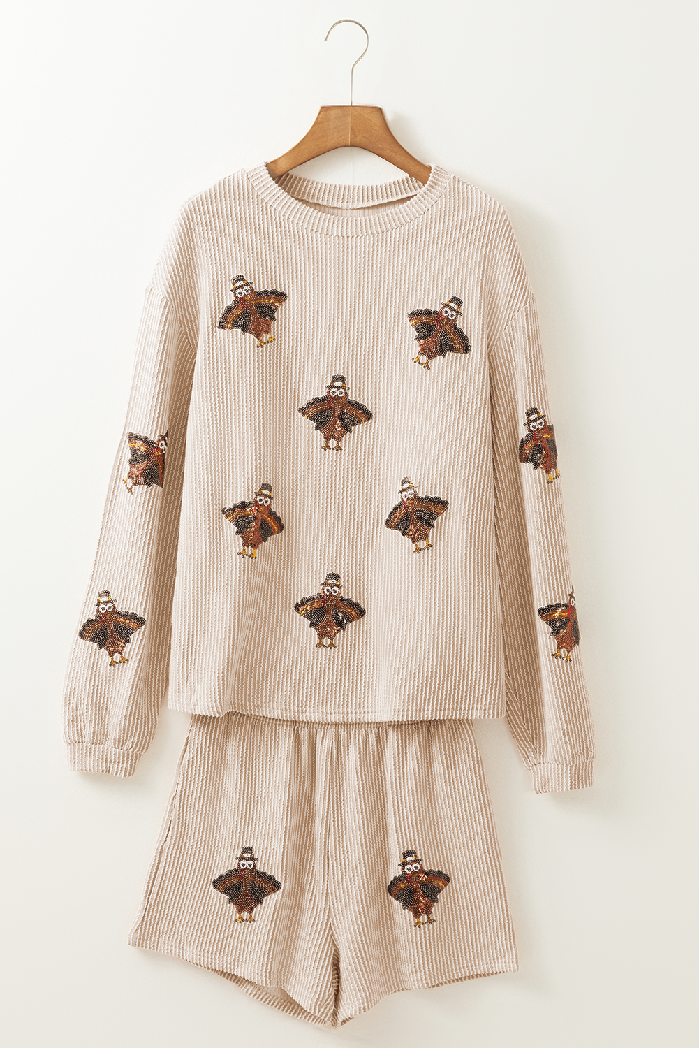 Parchment Sequined Turkey Corded Knit Thanksgiving Shorts Set